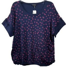 Lane Bryant Polka Dot Top Ruched Short Sleeve Navy Pink Plus Size 26/28 NWT